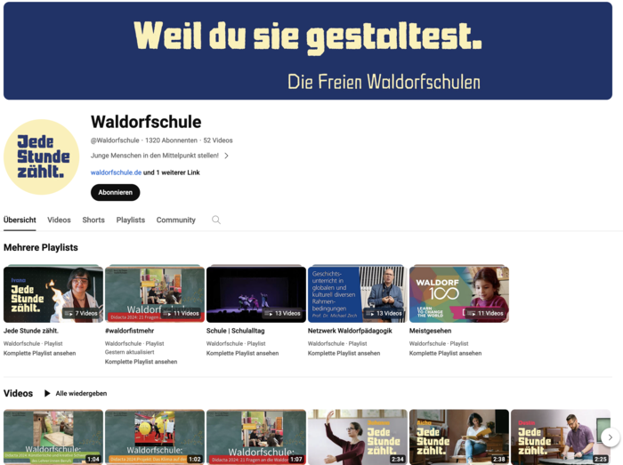 Startansicht des YouTube-Kanals der Waldorfschulen